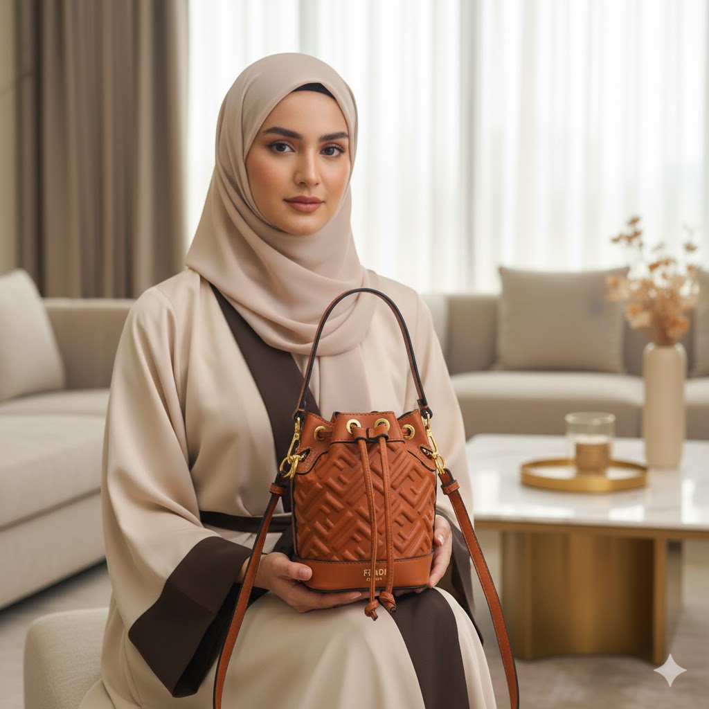 FENDI Women’s Designer Bucket Handbag – Brown Monogram Luxury Purse | Premium Fashion Bag in Dubai, UAE